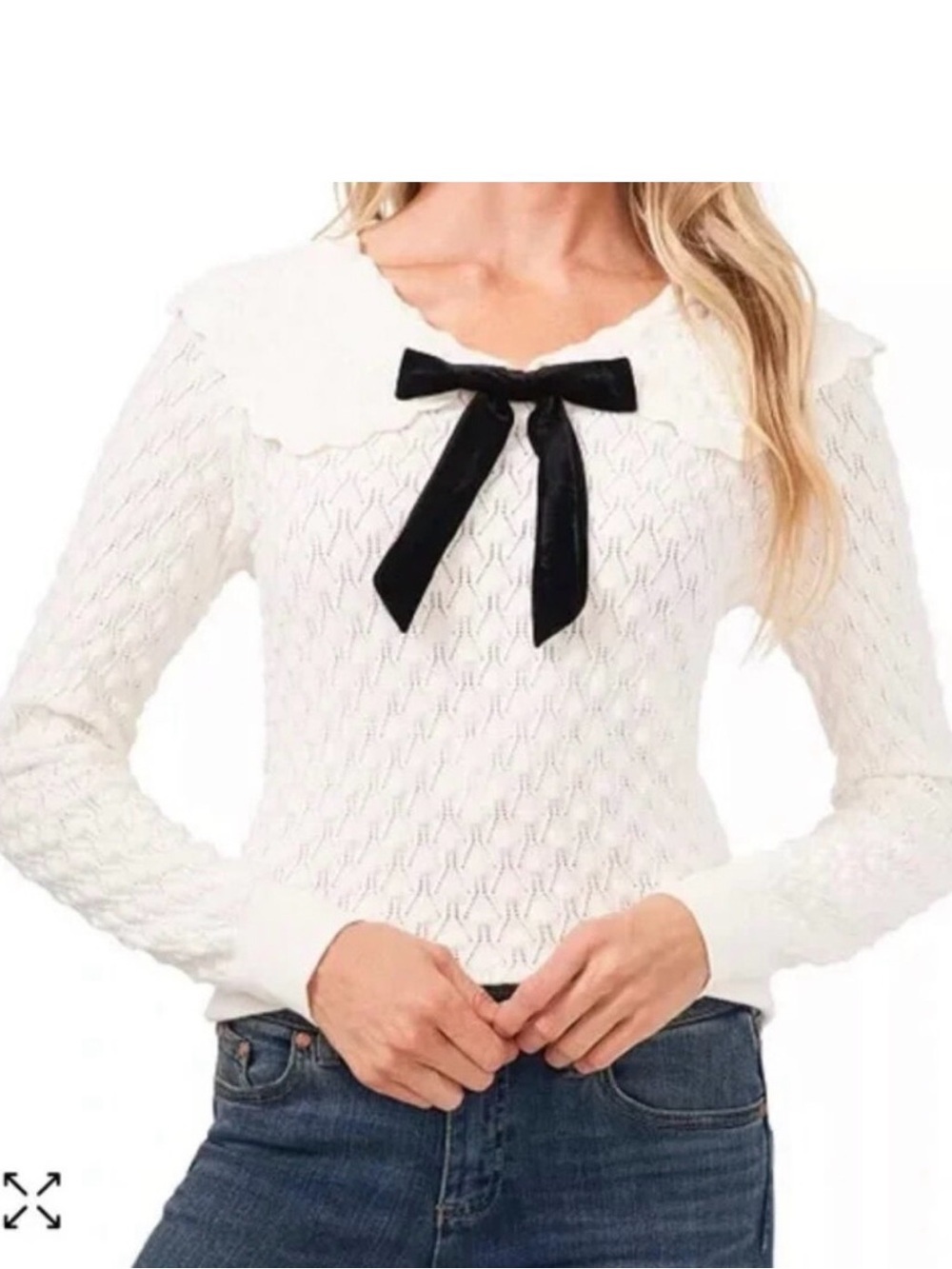 CeCe Sailor Collar Bow Sweater Textured Knit White XL
